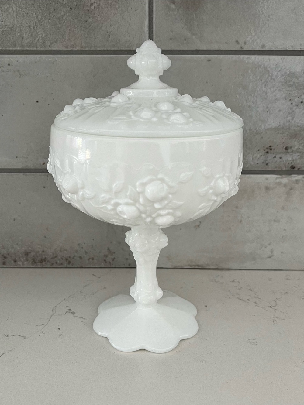 Vintage FENTON Cabbage Rose Milk Glass Candy Dish with Lid Circa 1960s